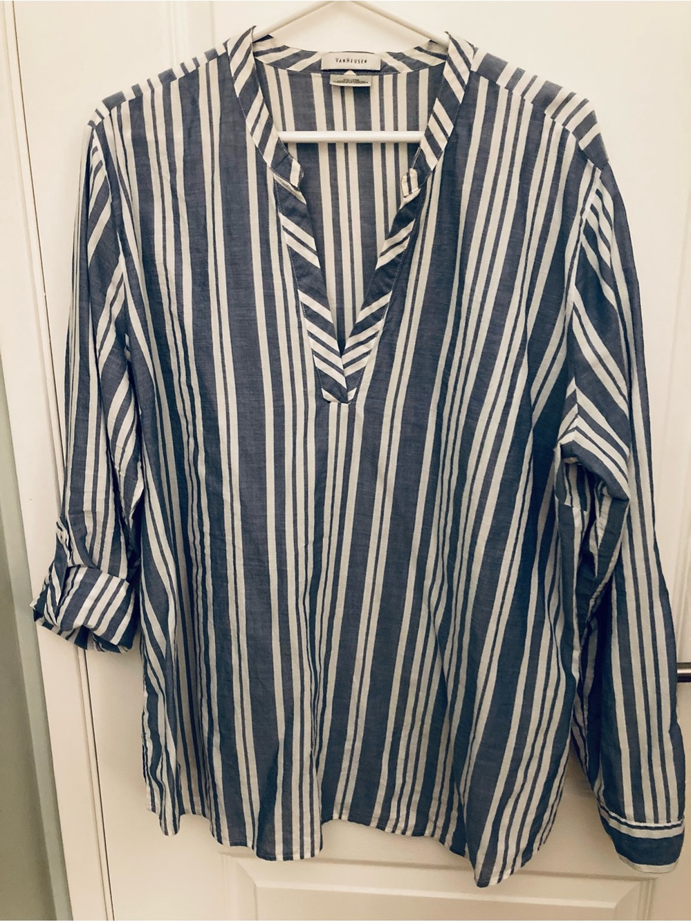 Van Heusen Blue and White Vertical Stripe Casual V-neck Tunic - US XXL